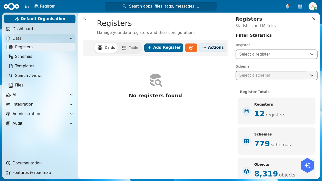 The OpenRegister Registers page with an Add Register button in the toolbar and the Data submenu (Registers, Schemas, Templates, Search/views, Files) in the left navigation