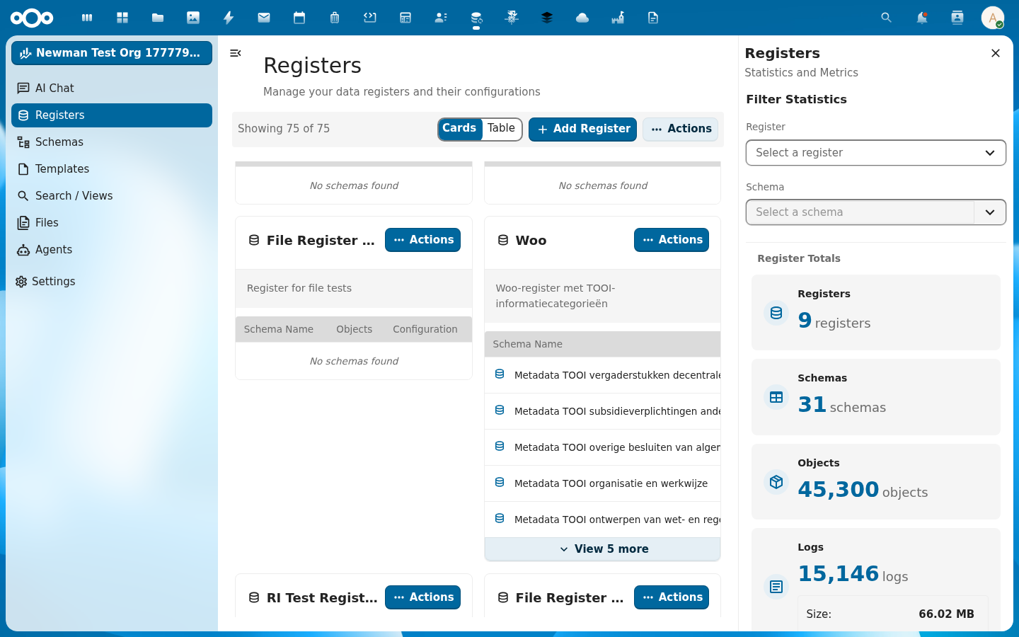 Het Woo-register in de OpenRegister UI, met de tien TOOI-schemas in de zijkant