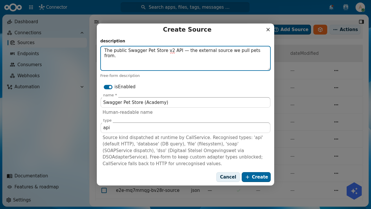 The Create Source dialog with a description, an isEnabled toggle set on, name set to Swagger Pet Store (Academy), and type set to api