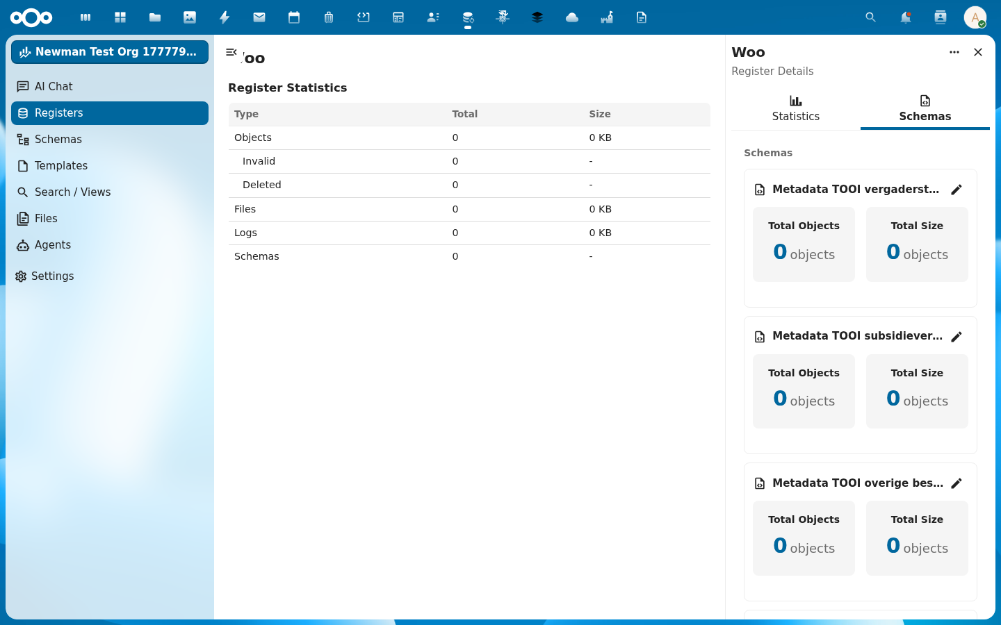 De Schemas-pagina in OpenRegister
