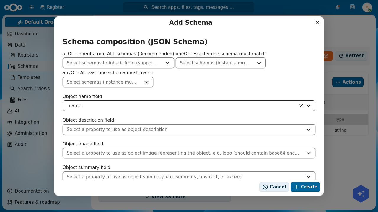 The schema editor's Configuration tab showing Schema composition (allOf, oneOf, anyOf) selectors and the Object name field set to 'name', plus description, image and summary field selectors