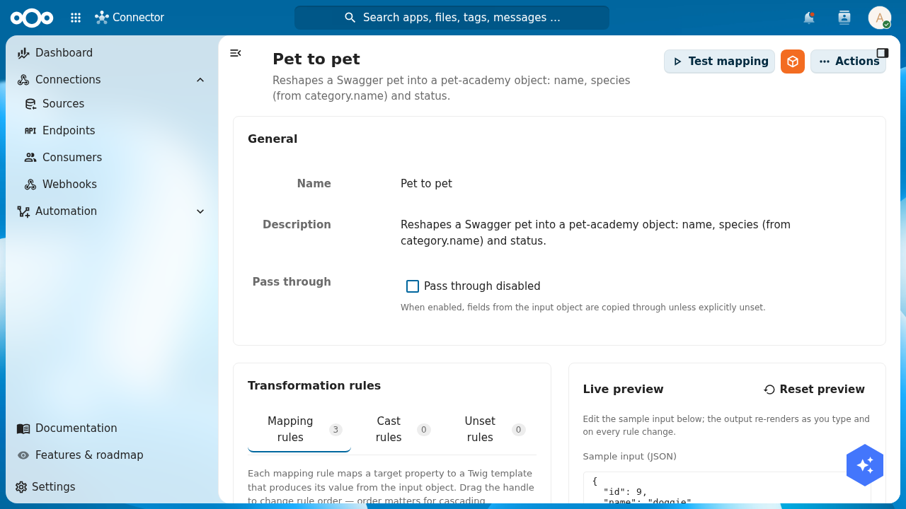 The Pet to pet mapping detail showing its name, description, Pass through disabled, the Mapping rules tab with three rules, and the live preview below