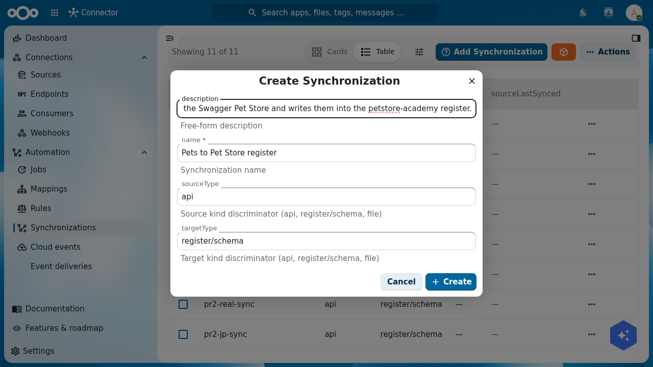The Create Synchronization dialog with name Pets to Pet Store register, sourceType api and targetType register/schema