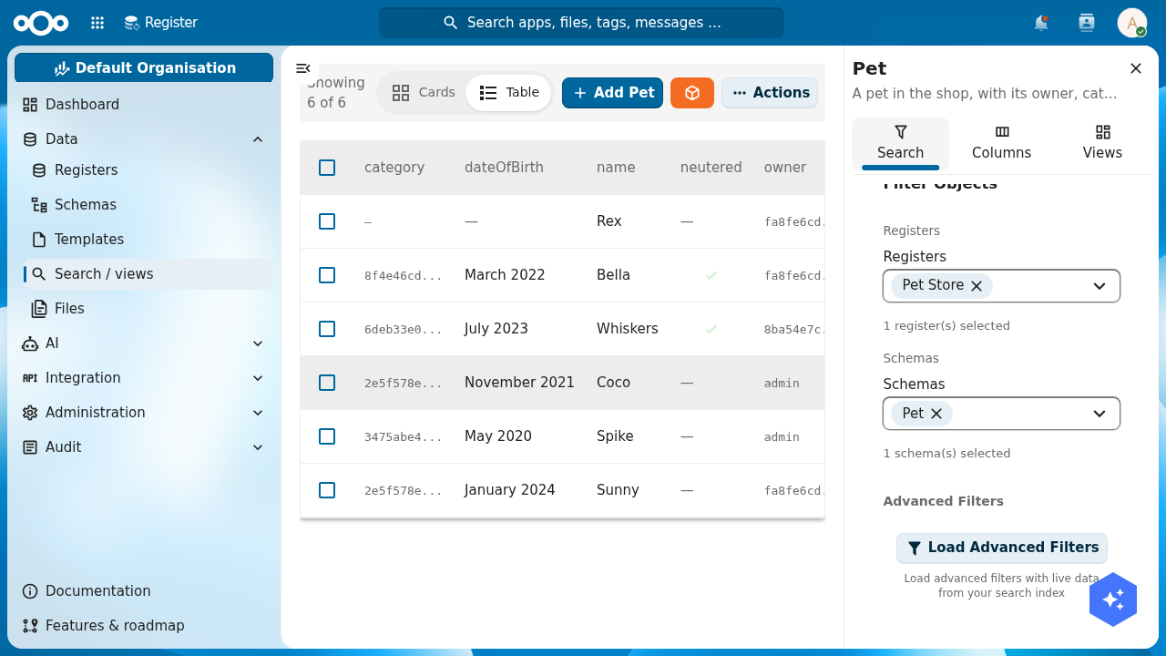 The Search / views object list showing six pets (Rex, Bella, Whiskers, Coco, Spike, Sunny) with category, dateOfBirth, neutered and owner columns, and a sidebar filtering to the Pet Store register and Pet schema