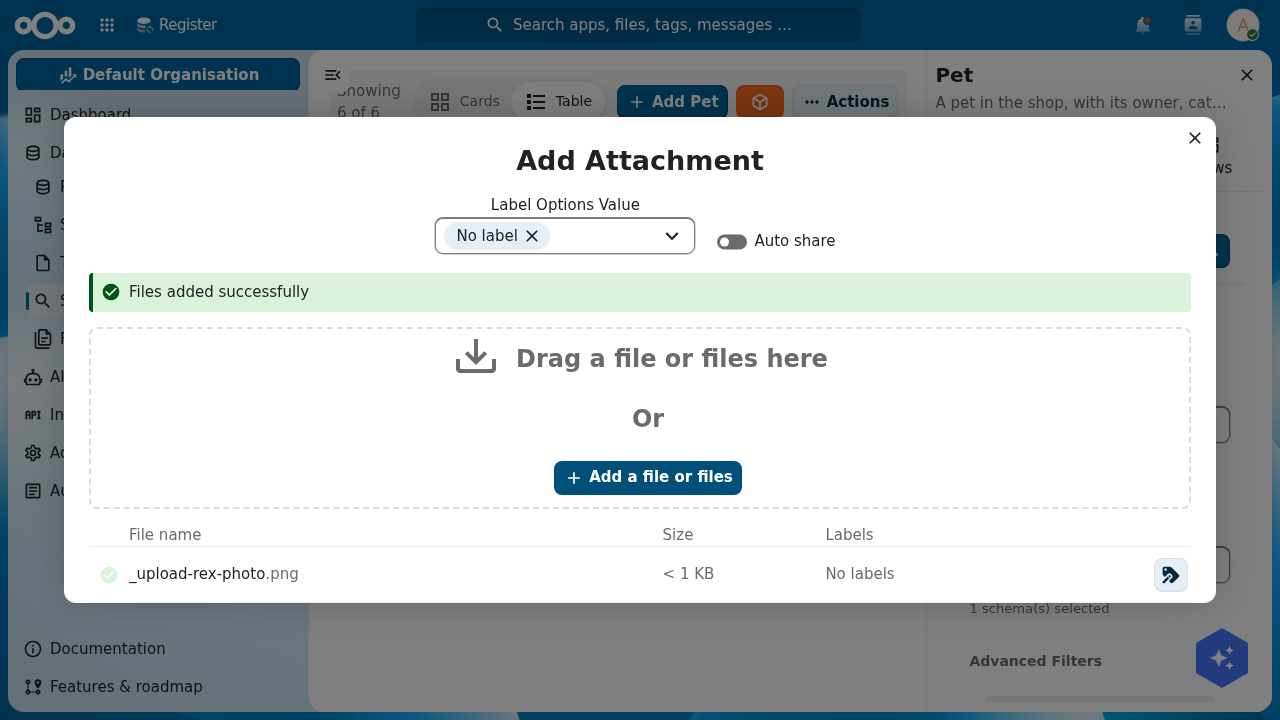 The Add Attachment dialog with a label selector set to No label, a drag-and-drop zone reading 'Drag a file or files here', an 'Add a file or files' button, a green 'Files added successfully' banner, and an uploaded PNG listed in the file table