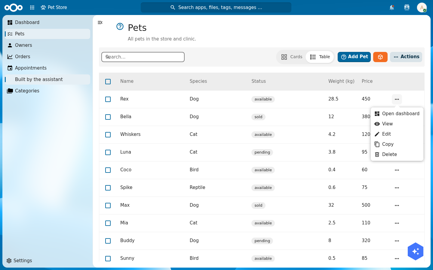 A pet row's actions menu on the Pets list, with 'Open dashboard' as the first item above View, Edit, Copy and Delete