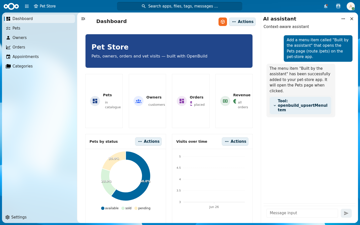 The in-app AI assistant panel: the user asks to add a menu item called 'Built by the assistant' that opens the Pets page, and the assistant confirms it added the item, with a 'Tool: openbuild_upsertMenuItem' chip showing the MCP tool it called