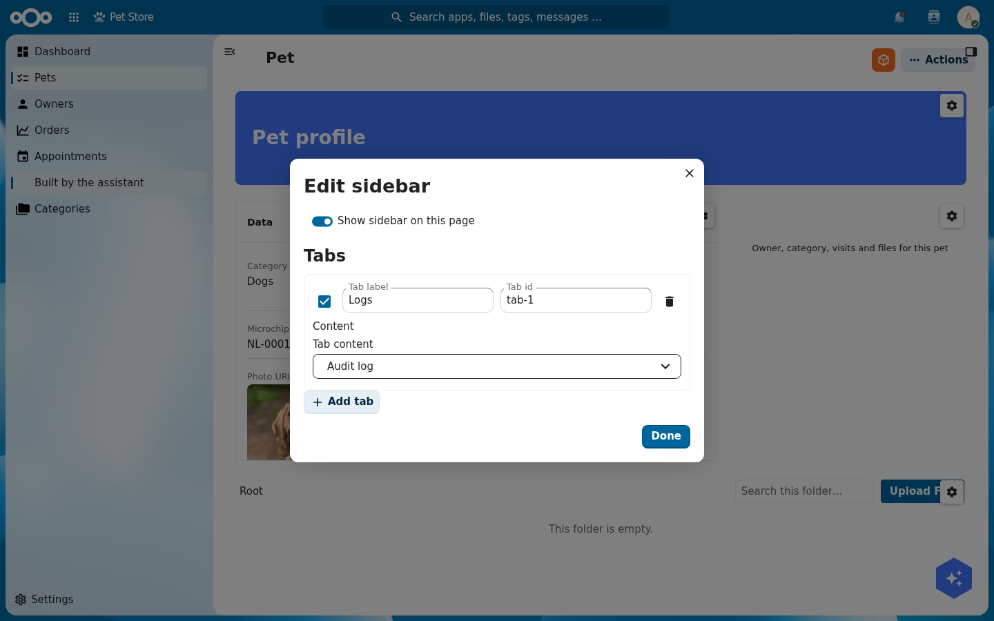 The Edit sidebar modal with a 'Show sidebar on this page' toggle and one tab row labelled 'Logs' whose Content select is set to 'Audit log'