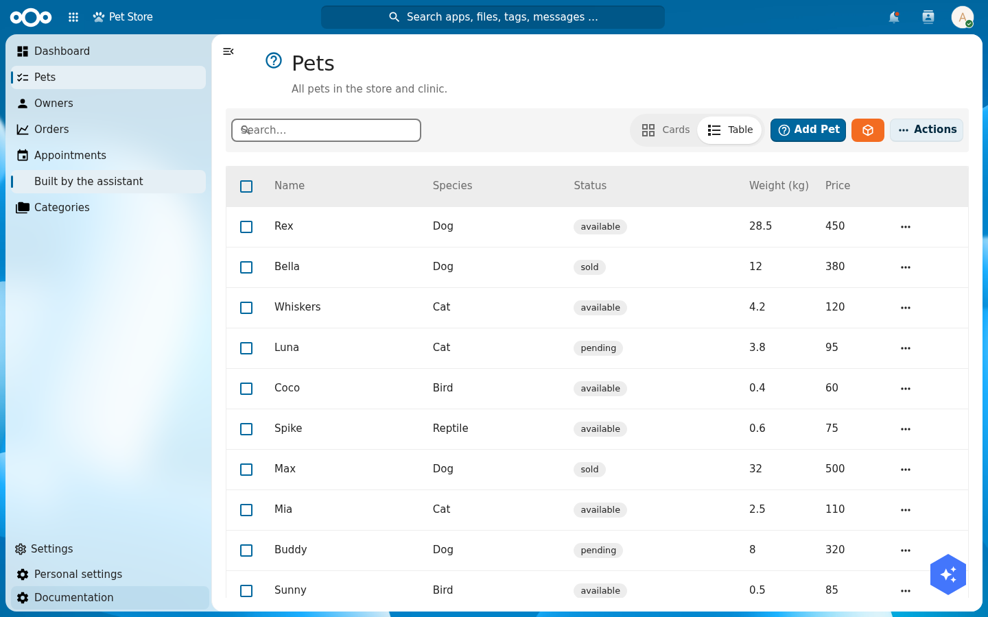 The Pet Store navigation with the Settings foldout open at the bottom, showing Settings, Personal settings and the configured Documentation item