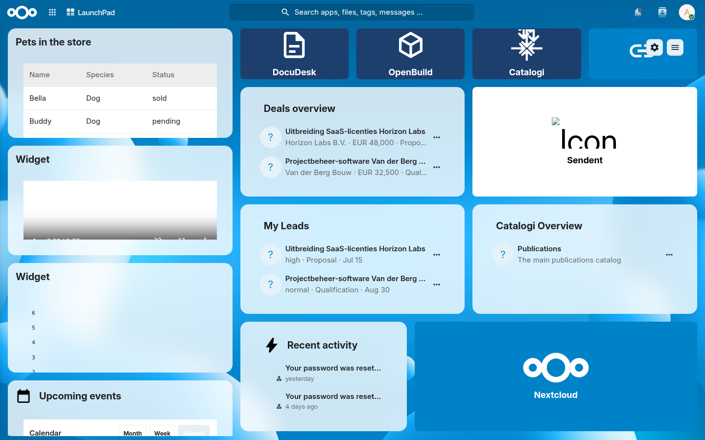 LaunchPad personal dashboard with a Pets in the store object-list widget showing pet names, species and status alongside other widgets