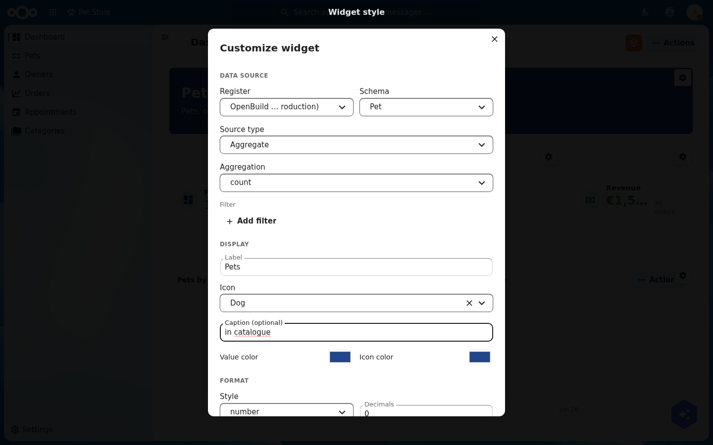 The Customize widget modal for the Pets stat card: a Data source section (Register, Schema=Pet, Source type=Aggregate, Aggregation=count, Filter), a Display section (Label=Pets, Icon=Dog, Caption, Value color, Icon color) and a Format section (Style, Decimals)