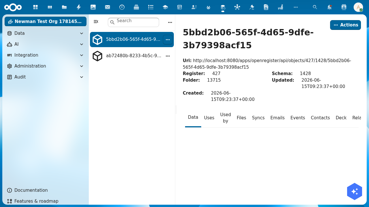 A dataset object in the DCAT register, shown in OpenRegister