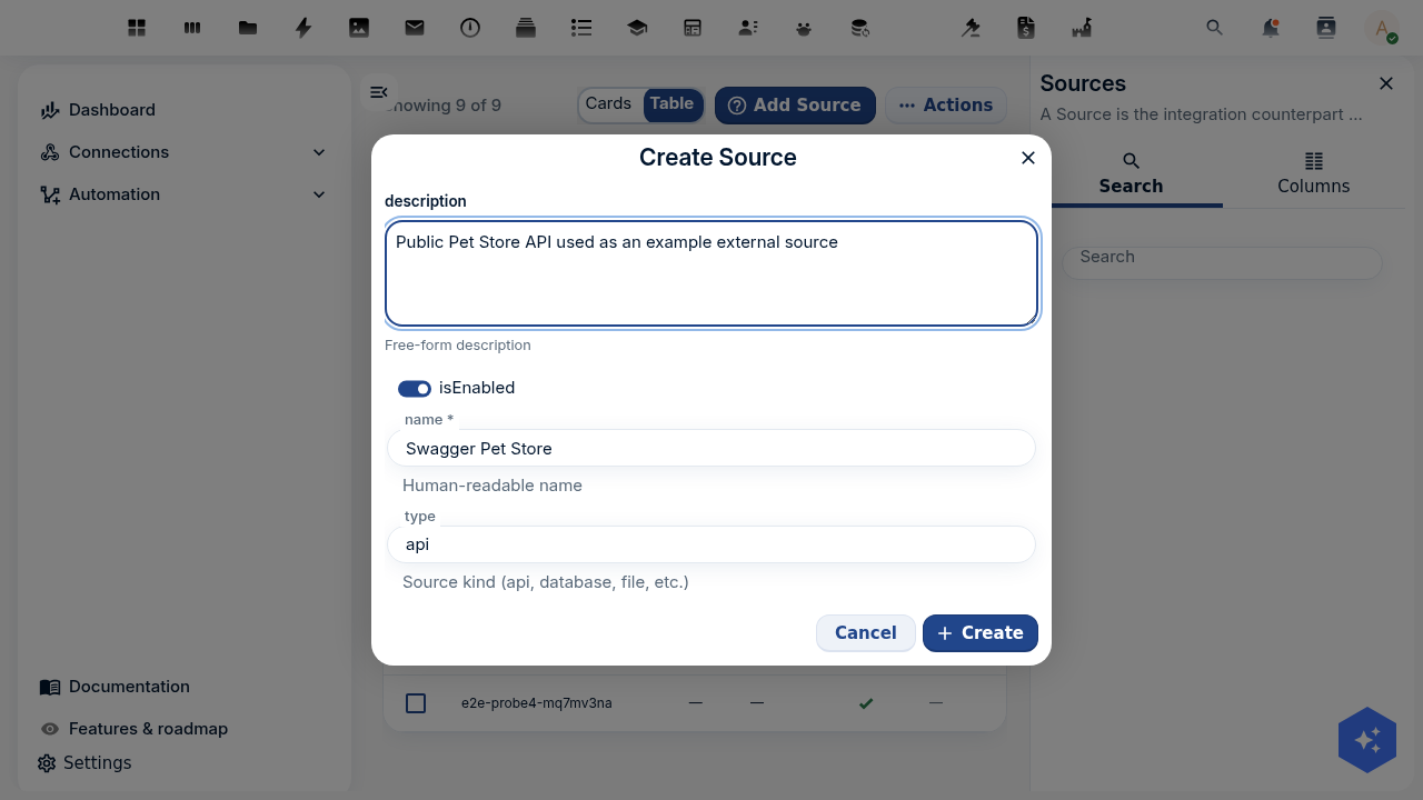 The Create Source form in OpenConnector