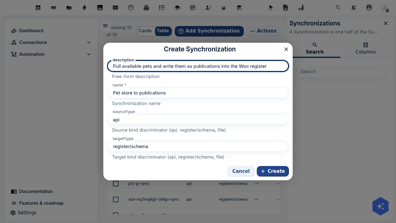 The Create Synchronization form in OpenConnector