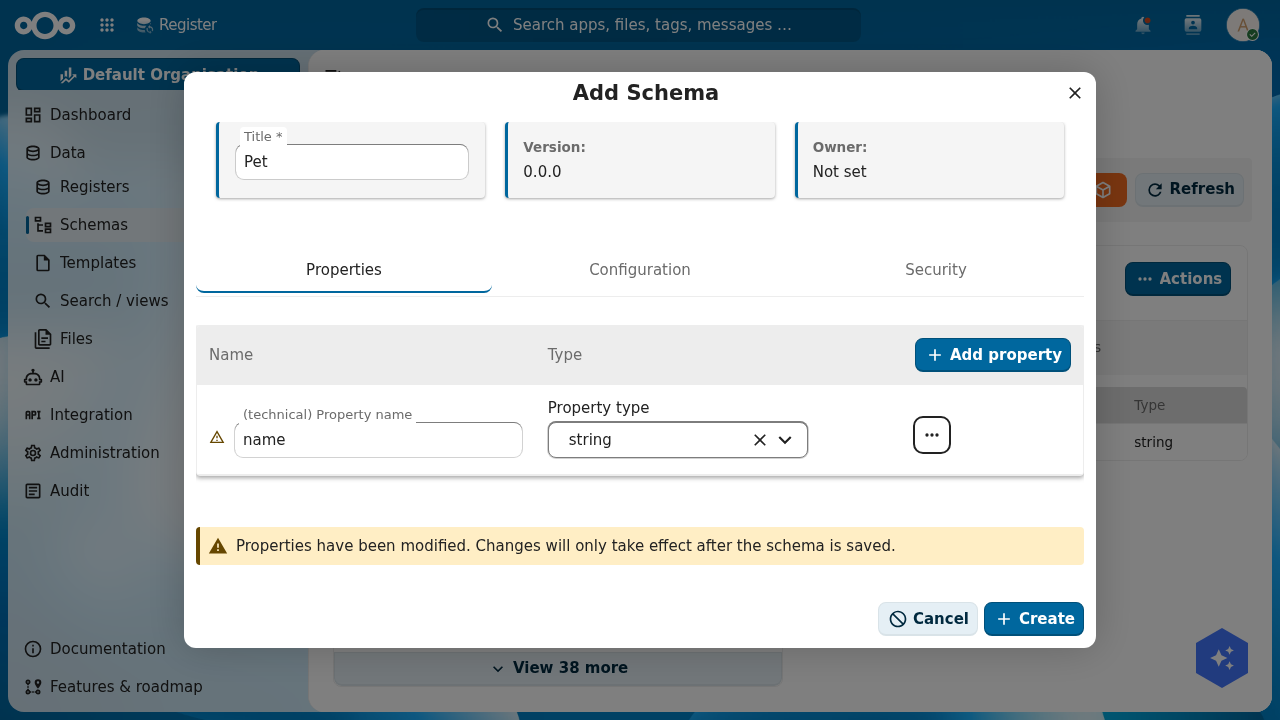 The OpenRegister schema editor titled Add Schema, with Title set to Pet, the Properties / Configuration / Security tabs, and one property row 'name' of type string with an Add property button and a per-property actions menu