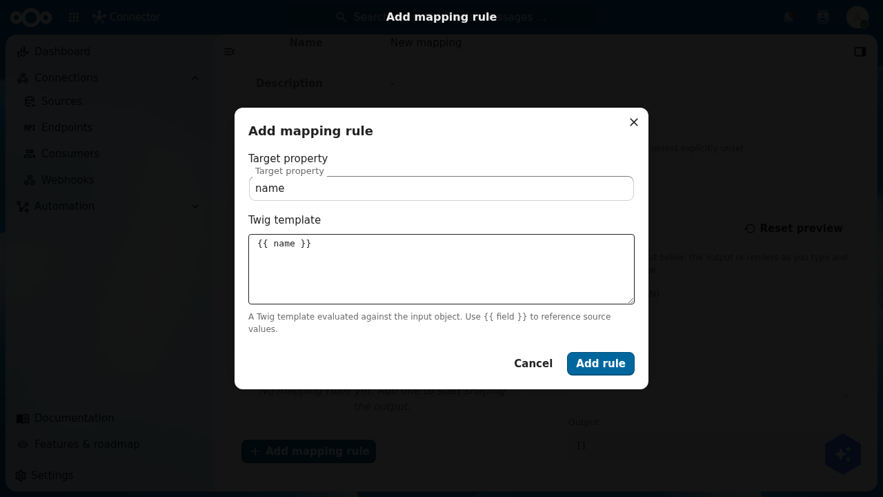 The Add mapping rule dialog with Target property set to name and Twig template set to a name expression, with an Add rule button