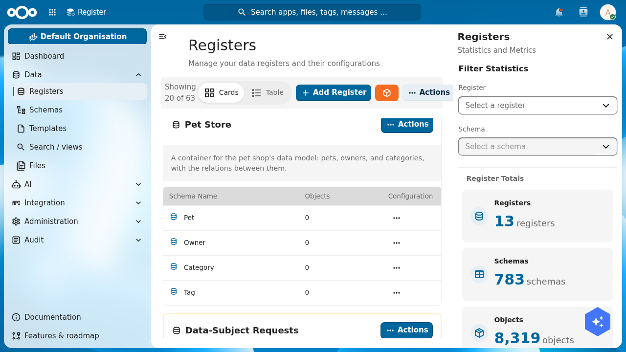The Registers page showing the Pet Store register card with its description and a schema table listing Pet, Owner, Category and Tag, each with an object count of zero