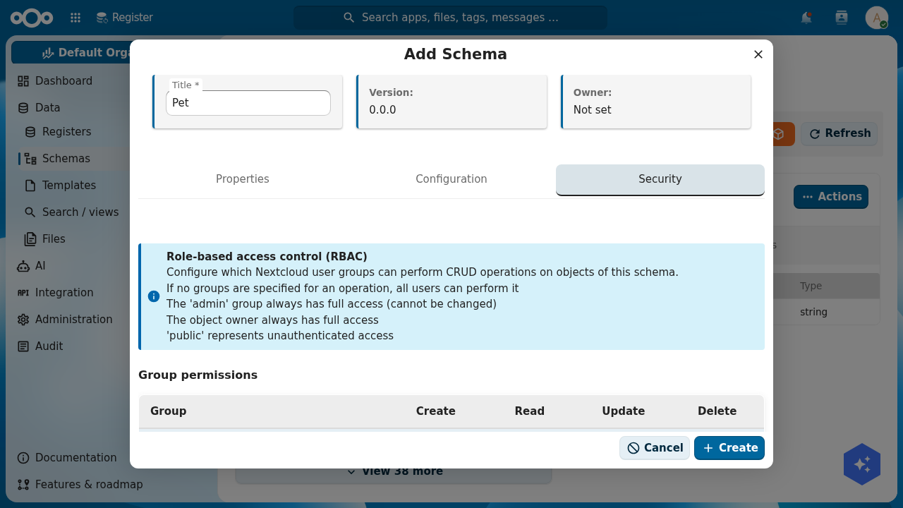 The schema editor's Security tab showing a Role-based access control (RBAC) panel explaining the rules (admin always has access, public is unauthenticated) and a Group permissions table with Create, Read, Update and Delete columns