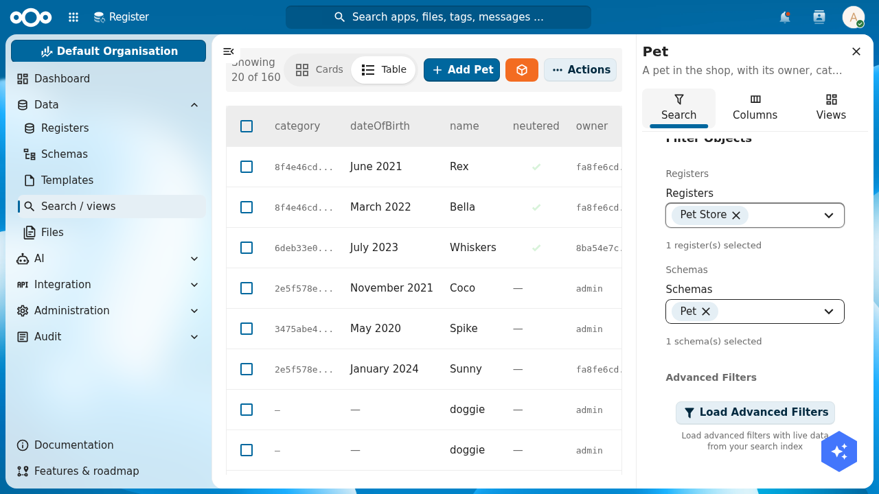 OpenRegister's Search / views scoped to the Pet Store register and Pet schema, showing the hand-typed pets (Rex, Bella, Whiskers, Coco, Spike, Sunny) and imported 'doggie' pets together in one table