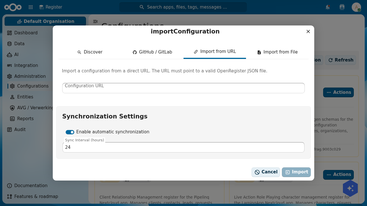 The Import Configuration dialog with tabs Discover, GitHub/GitLab, Import from URL and Import from File; the Import from URL tab shows a Configuration URL field and Synchronization Settings with an 'Enable automatic synchronization' toggle and a 24-hour sync interval