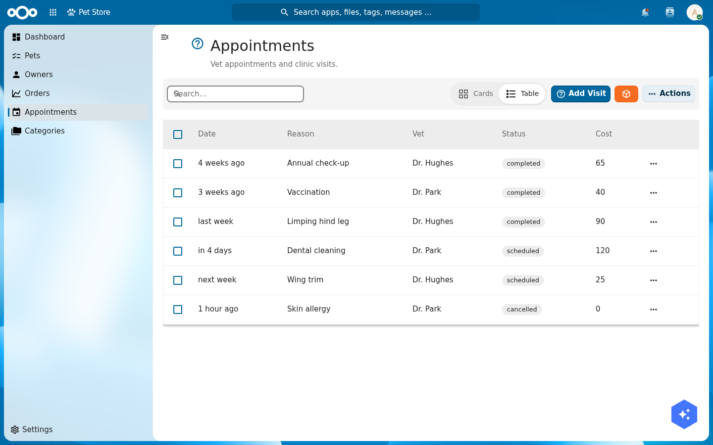 The Appointments page: a table of vet visits with relative dates (4 weeks ago, in 4 days, next week), Reason, Vet, a Status badge (completed, scheduled, cancelled) and Cost