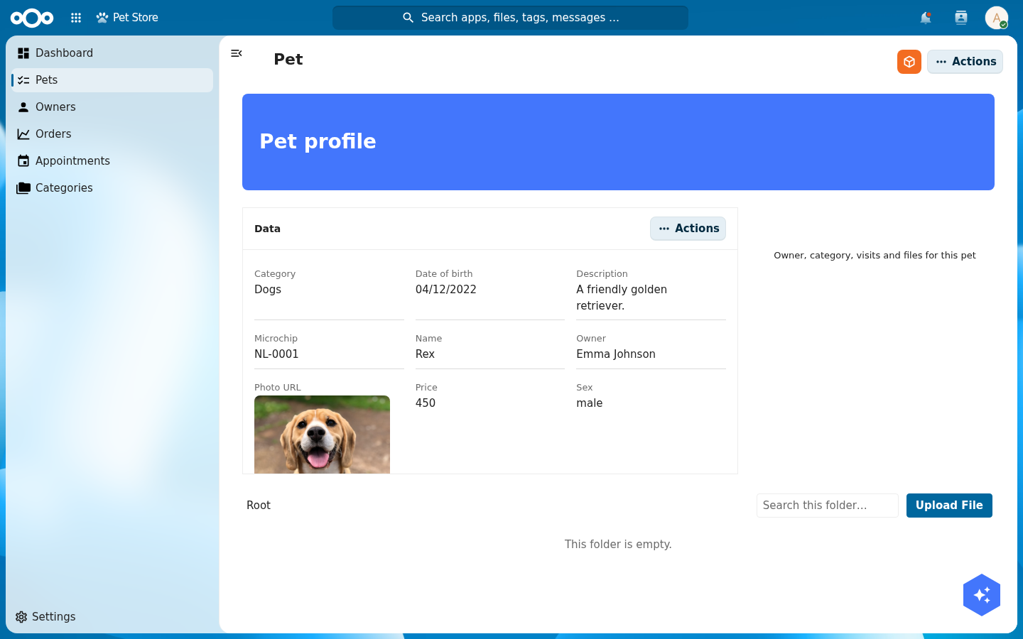A pet detail page: a 'Pet profile' header banner, a Data widget showing Category, Date of birth, Description, Microchip, Name, Owner, a photo, Price and Sex, and a Files widget with an Upload File button and drop zone