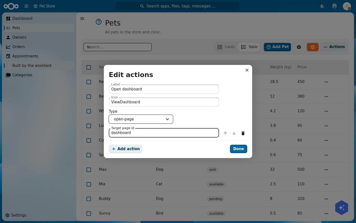 The Edit actions modal showing an action row with Label 'Open dashboard', Icon 'ViewDashboard', Type open-page and Target page id 'dashboard'