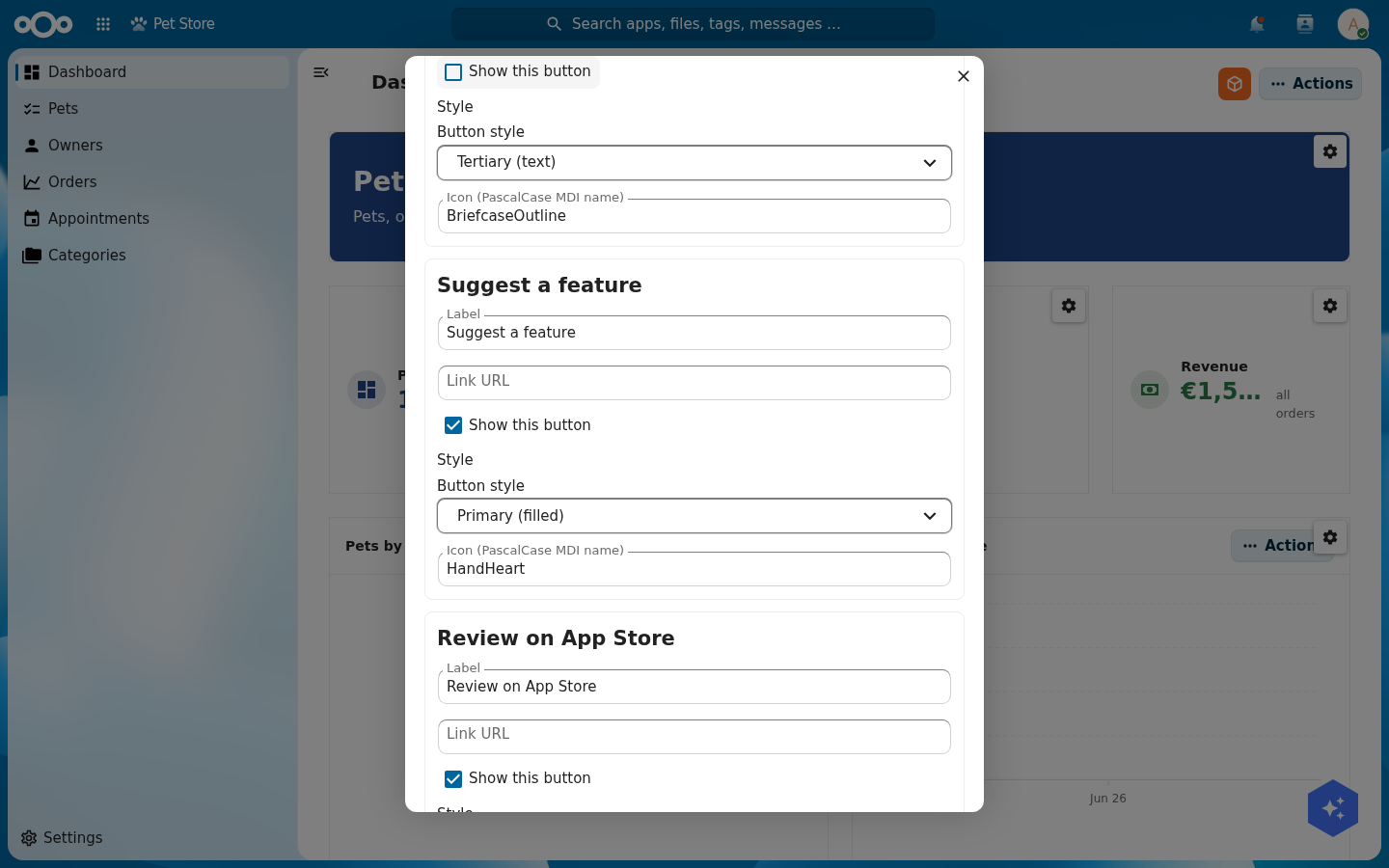 The support editor's button section, showing per-button blocks for Get support, Suggest a feature and Review on App Store, each with a label, link, a 'Show this button' toggle, a style select and an icon field