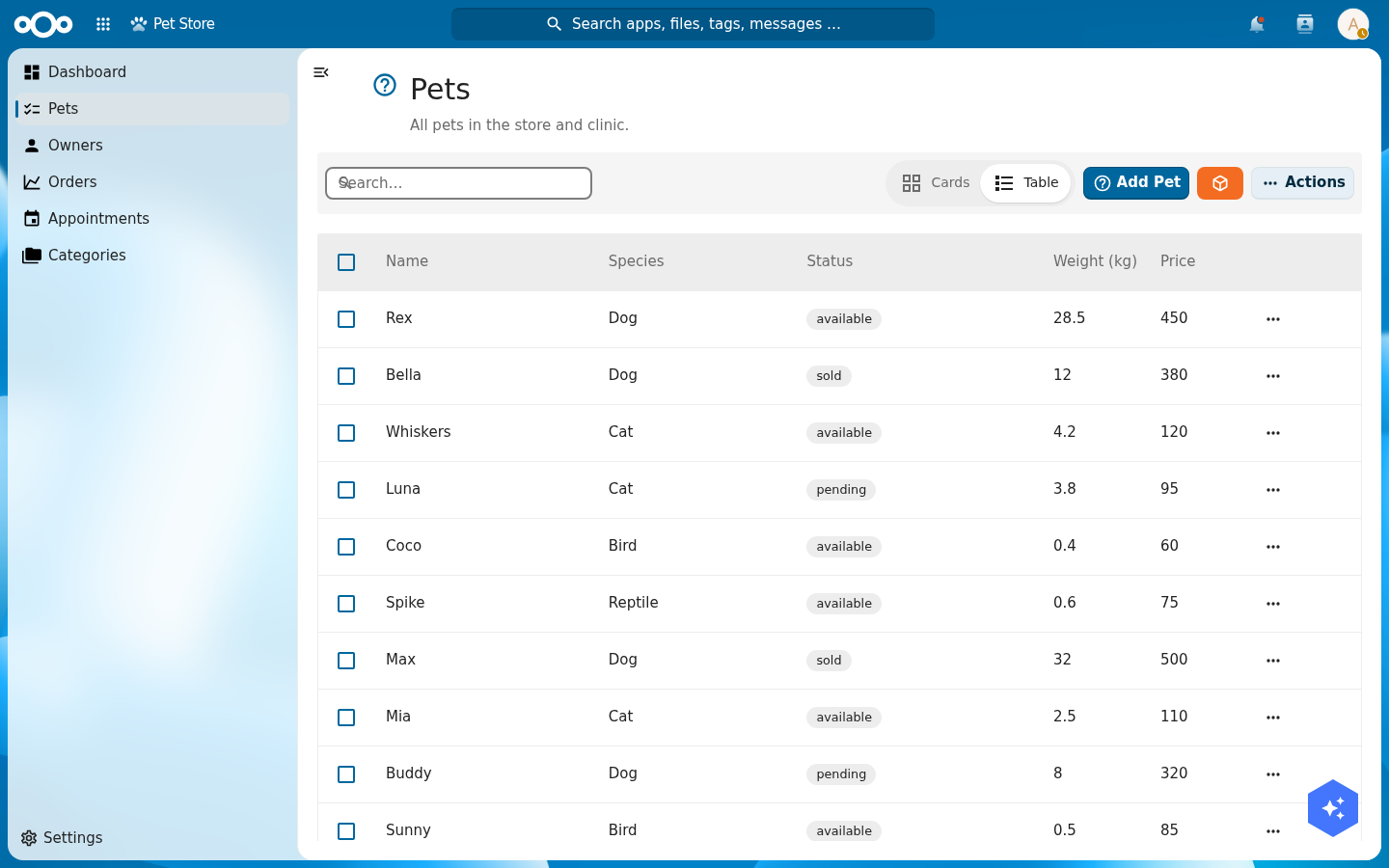 The Pets index page with a search box, Cards and Table toggle, status badges, weight and price columns
