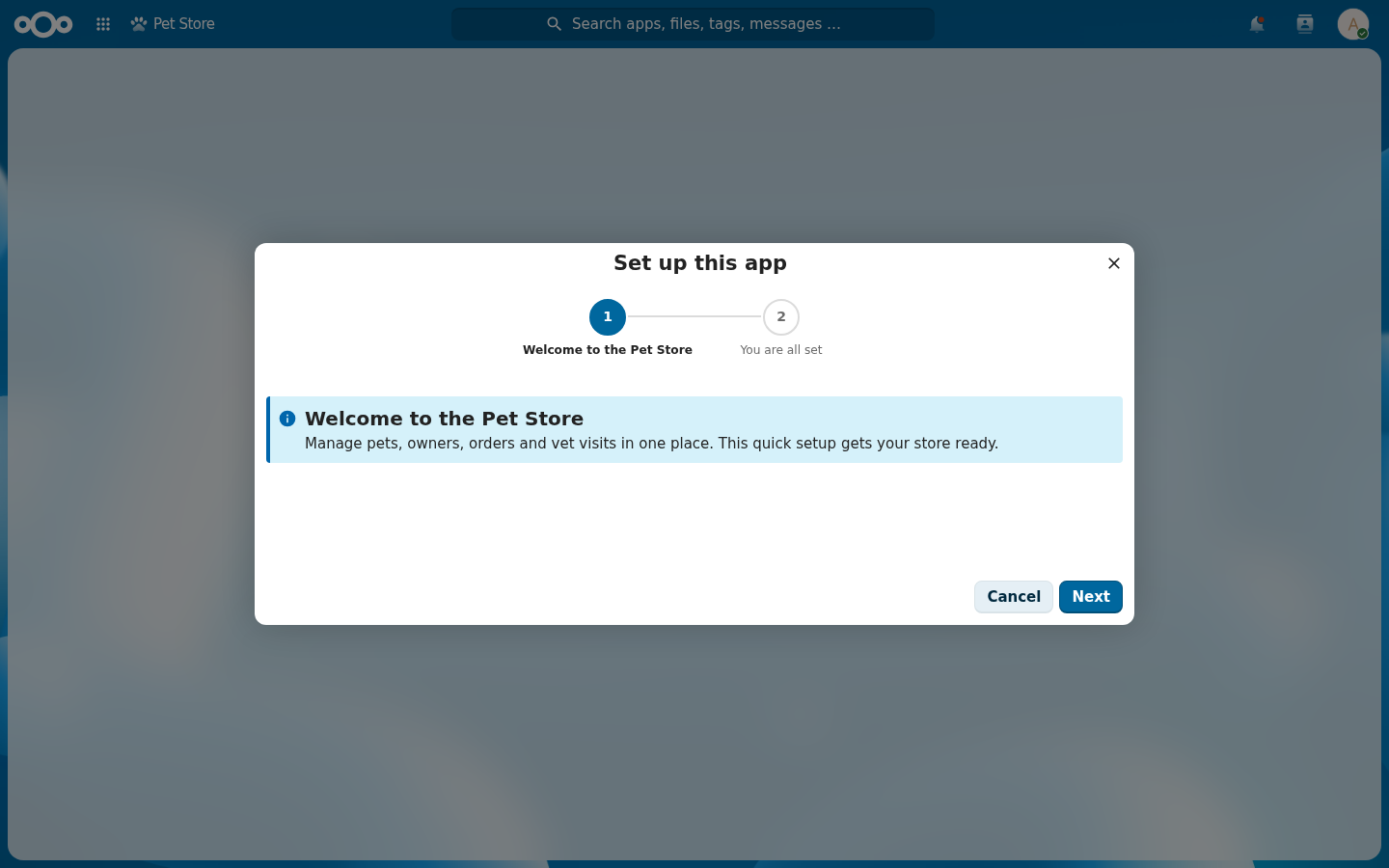 The live Pet Store setup wizard titled 'Set up this app' with a step rail showing 'Welcome to the Pet Store' and 'You are all set', a welcome note, and Cancel and Next buttons