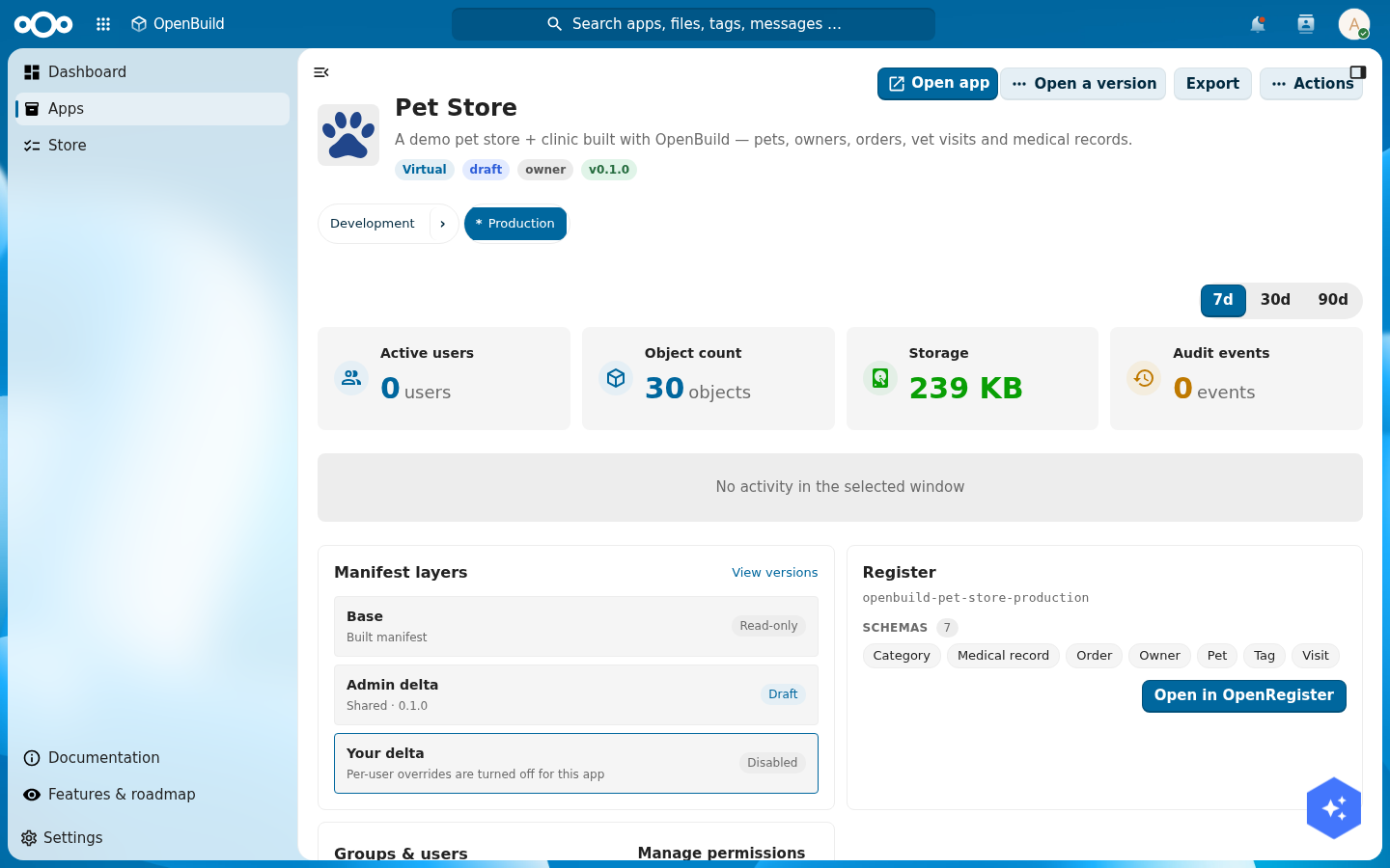 The Pet Store app detail page showing its OpenRegister register and all seven schemas: Category, Medical record, Order, Owner, Pet, Tag, Visit